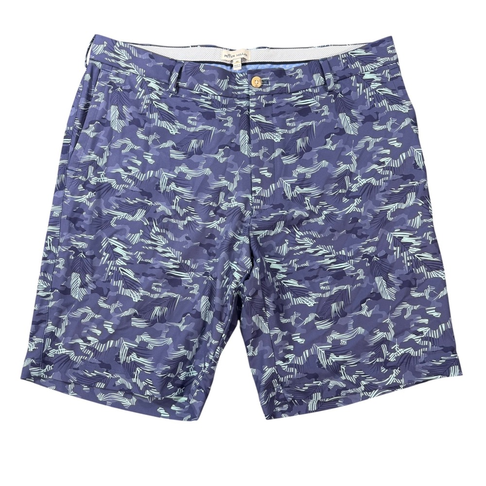 Peter Millar Mens Camo Palm Print Performance Golf Shorts Blue Size 36